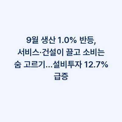 9월 생산 1.0% 반등, 서비스·건설이 끌고 소비는 숨 고르기…설비투자 12.7% 급증