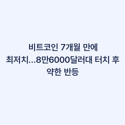비트코인 7개월 만에 최저치…8만6000달러대 터치 후 약한 반등